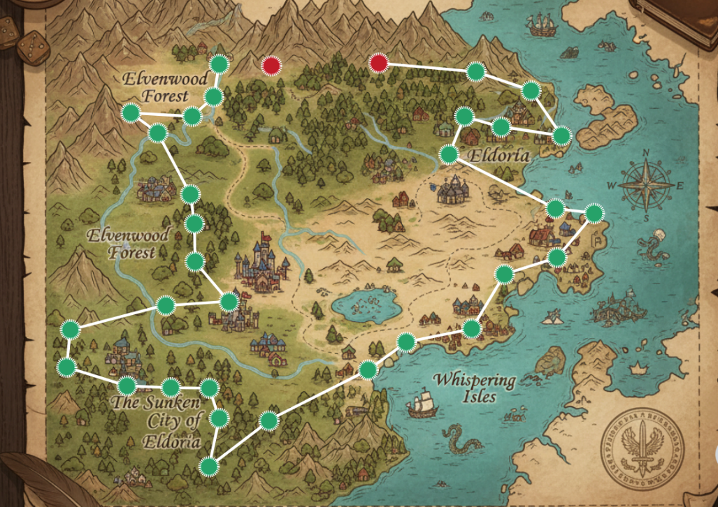 Mapa de percurso gamificado utilizado no Moodle, com pontos conectados entre os locais da jornada