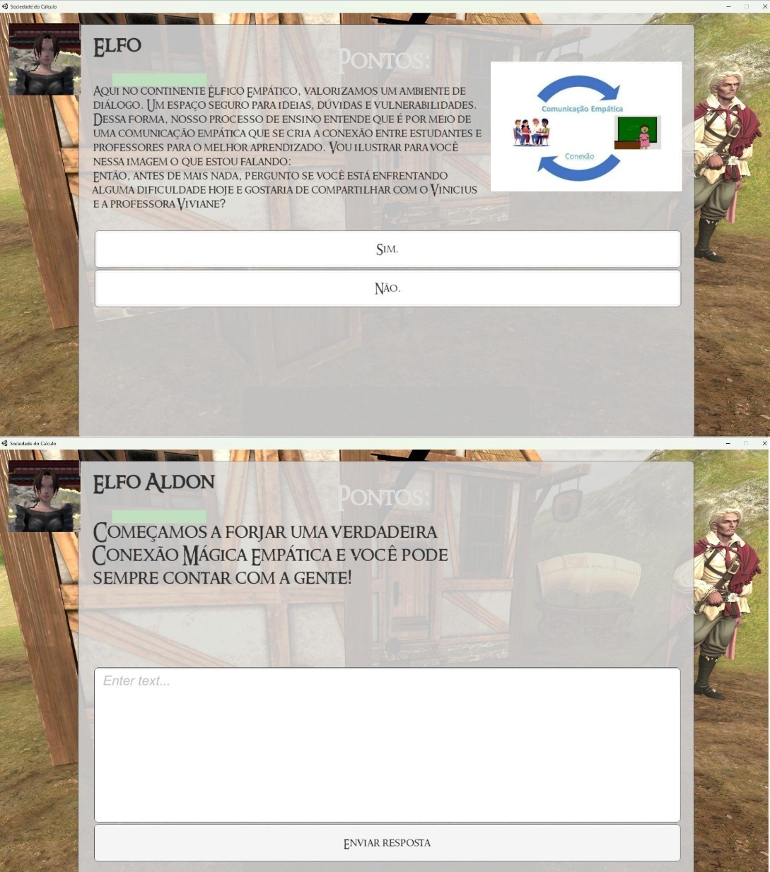 Cenas do jogo relacionadas à comunicação empática e ao compartilhamento de dificuldades
