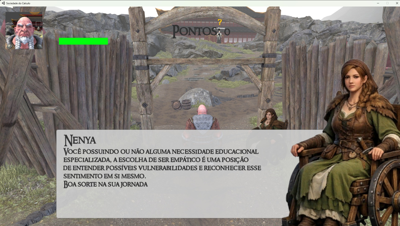 Screenshot principal de A Sociedade do Cálculo, com uma personagem e um diálogo durante a jornada